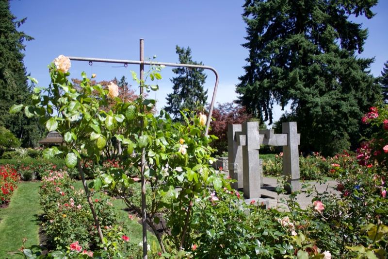 Roses in Garden with Stone Monument