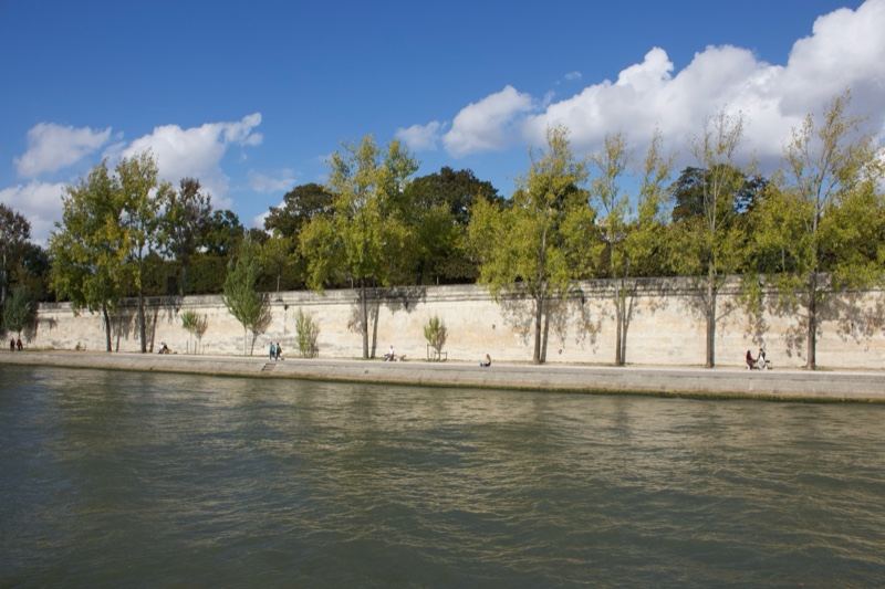 Riverbank with Trees and Stone Wall