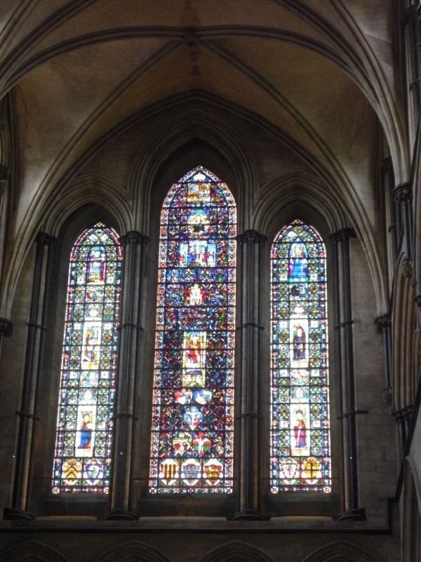 Gothic stained glass lancet windows interior