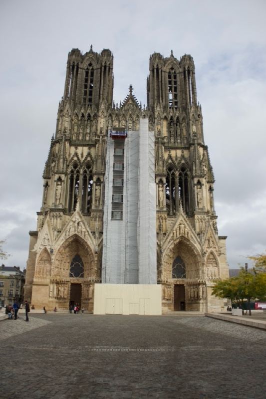 Reims Cathedral Facade with Scaffolding