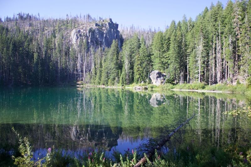 Alpine Lake Reflecting Forested Mountains