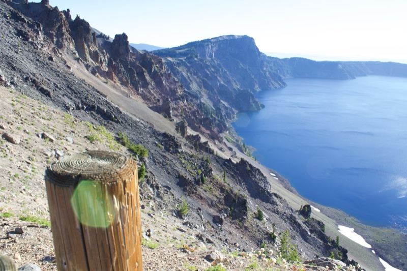 Crater Lake Rim View with Wood Post