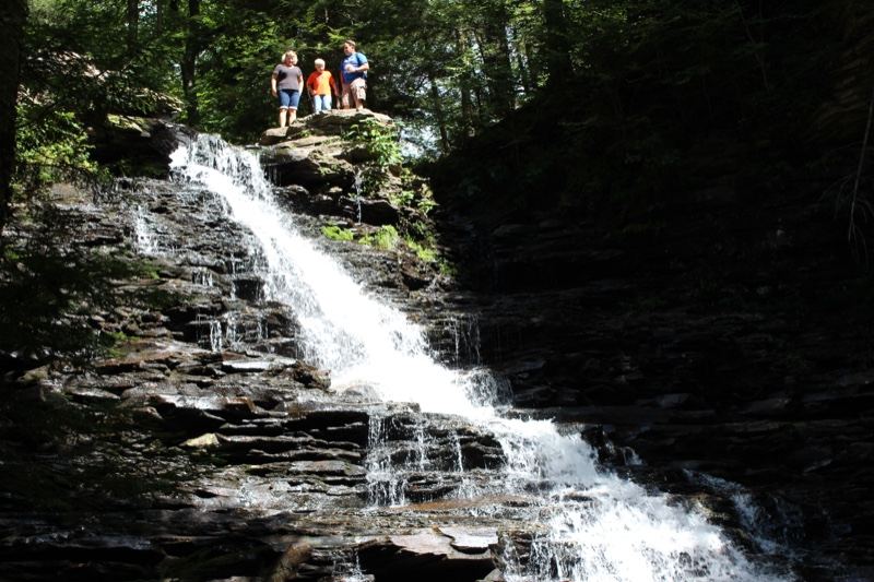 People Above Forest Waterfall