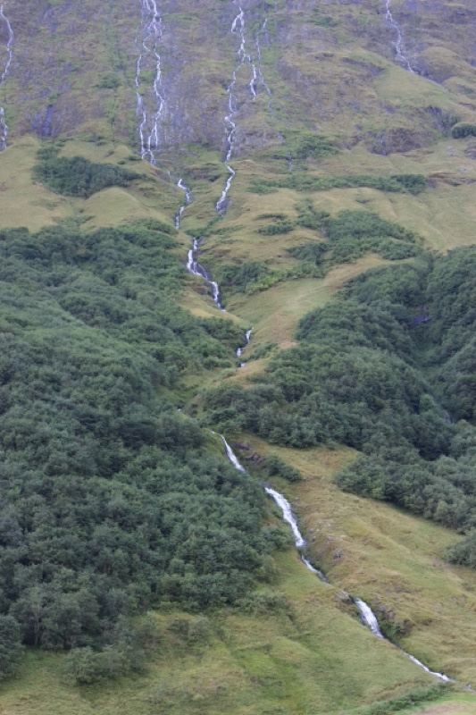 Mountain Cascades on Green Hillside