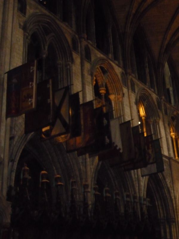 Gothic Cathedral Interior with Hanging Banners