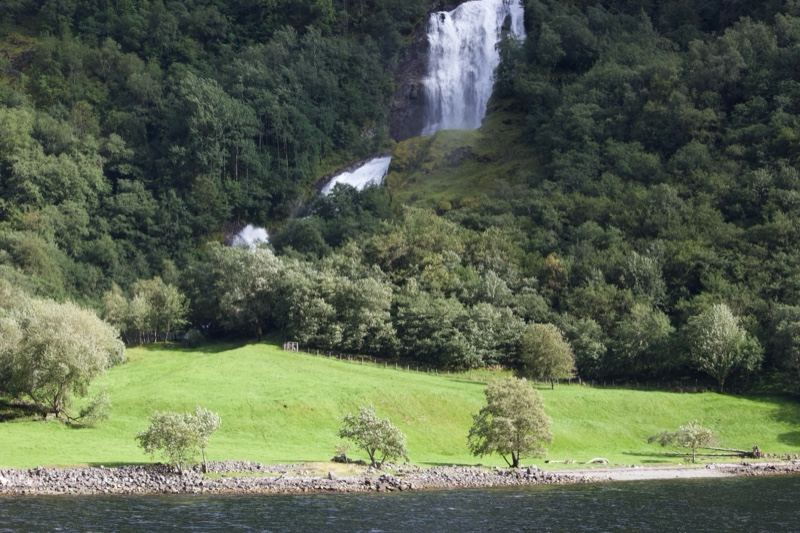 Waterfall Cascading Over Forested Cliff
