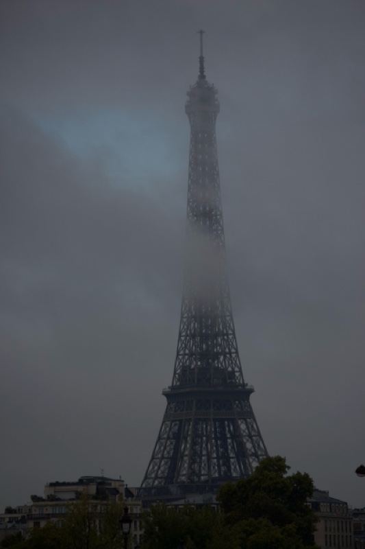 Eiffel Tower in Foggy Paris Sky