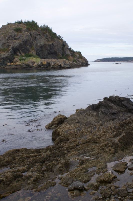 Rocky Coastline With Distant Island