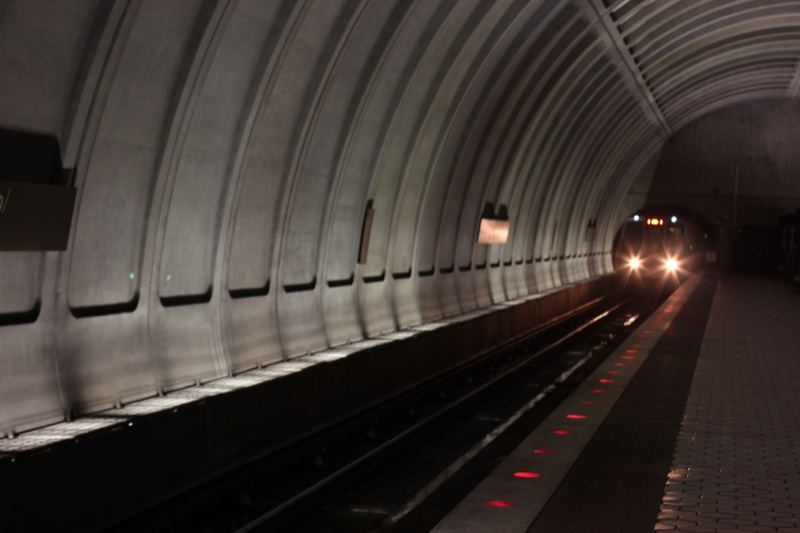 Subway train approaching in tunnel