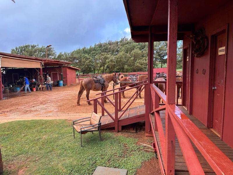 Red Cabin Porch Over Ranch Yard