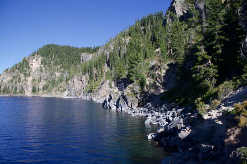 Lake Shore with Forested Mountain Cliff