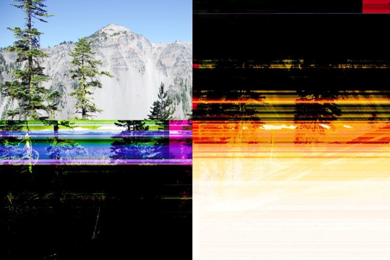Glitched Mountain Landscape with Digital Artifacts