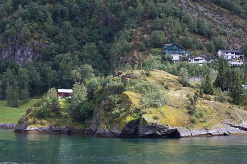 Fjord shoreline with grassy peninsula