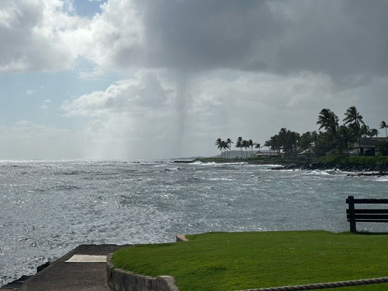 Coastal waterspout under storm clouds