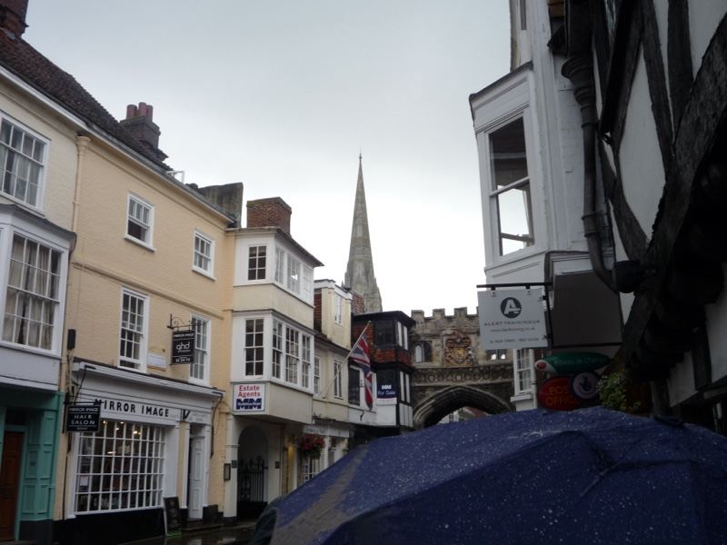 Historic street with church spire