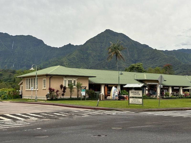Green-roofed building with mountain backdrop