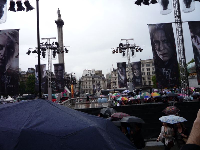 Rainy outdoor event in Trafalgar Square