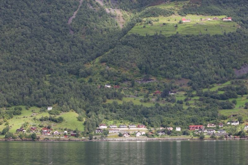 Fjord Village Beneath Forested Mountains