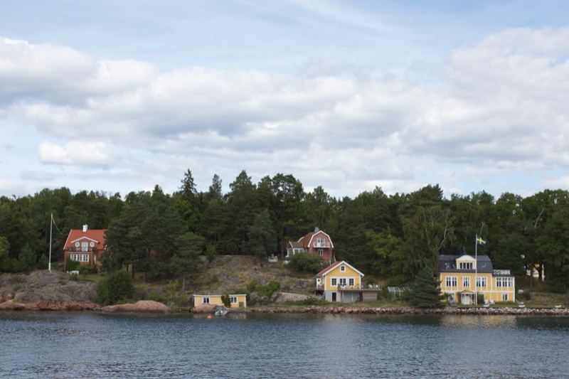 Coastal houses on forested shoreline