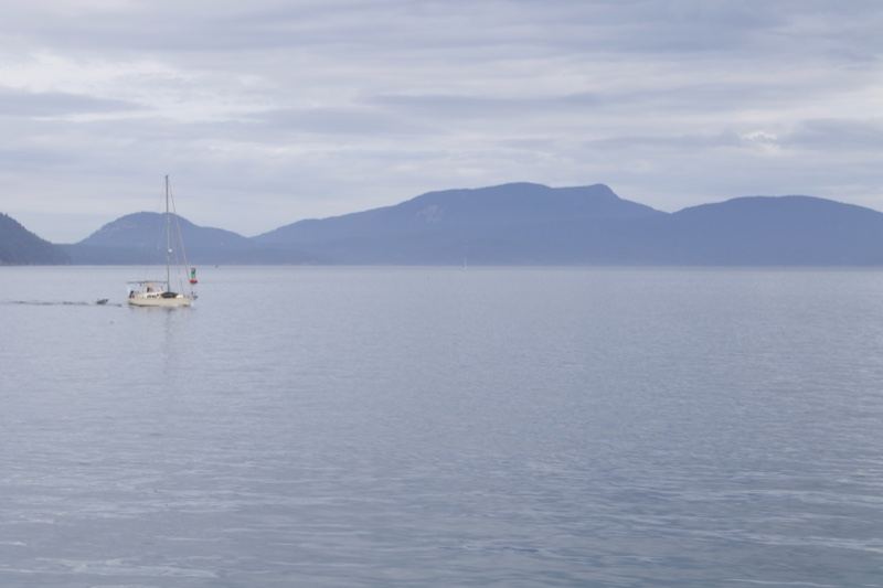 Sailboat on Calm Water Under Overcast Sky