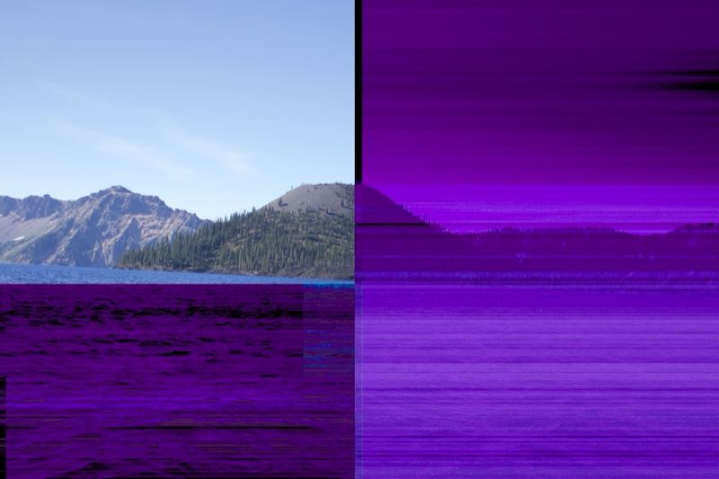 Glitched mountain lake landscape