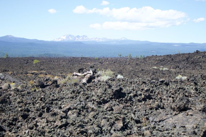 Lava Field with Distant Snow-Capped Mountains