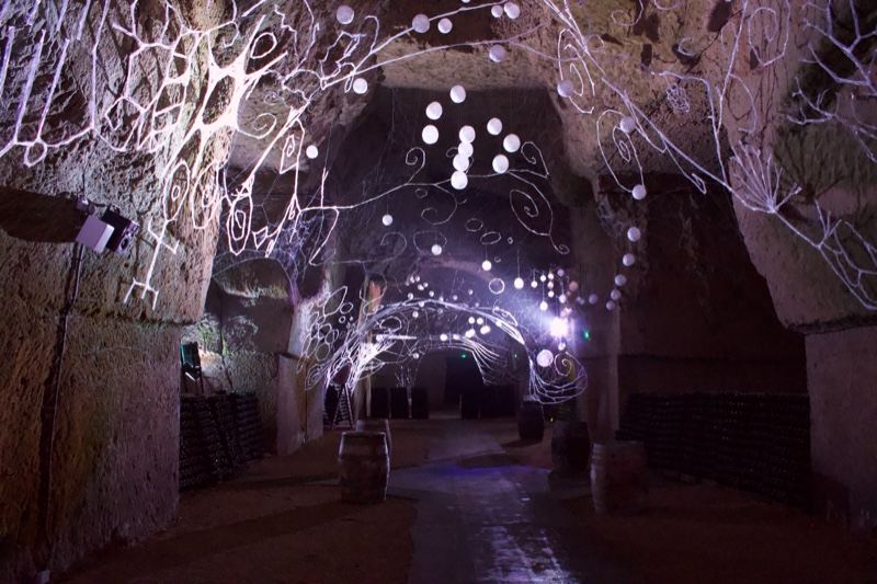 Illuminated Underground Cave Tunnel