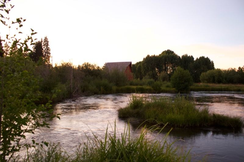 River at Sunset with Barn