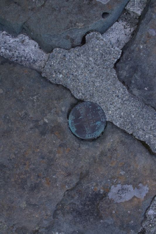 Survey marker on weathered rock surface