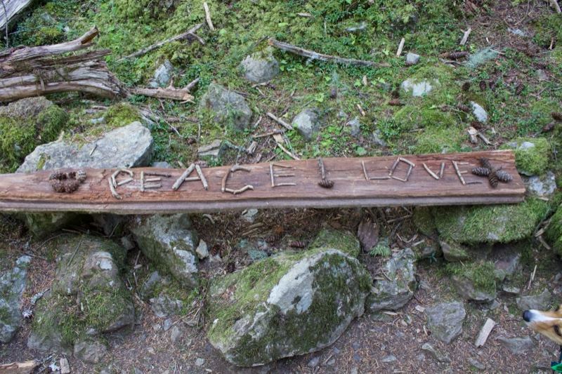 Peace Love Carved Wood on Mossy Forest Floor