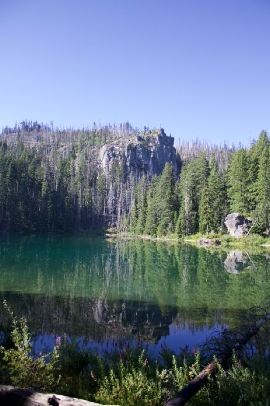 Alpine Lake Reflecting Forested Cliffs