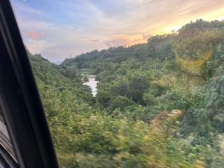Lush Valley River View Through Train Window