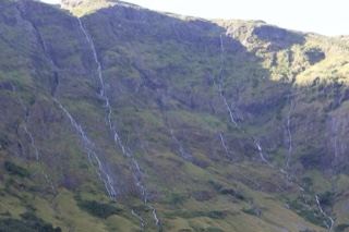 Mountain Cascades on Green Hillside