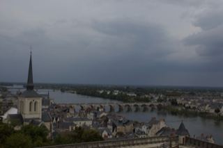 Overcast River Town with Church Steeple