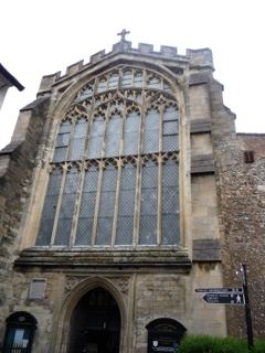 Gothic church facade with large window