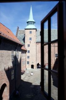View through window to historic tower
