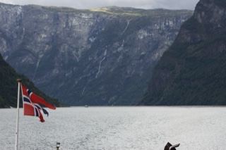 Norwegian Flag Over Fjord Mountains