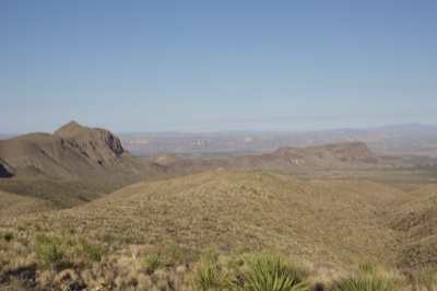 Desert mountain vista under clear sky