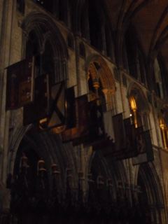 Gothic Cathedral Interior with Hanging Banners