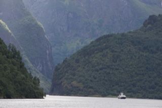 Fjord with forested mountains and boat