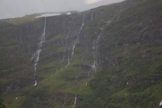 Mountain Waterfalls in Rainy Fjord