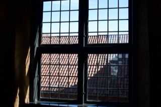 View Through Leaded Window to Rooftops