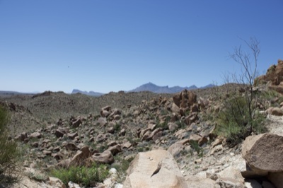 Arid Rocky Desert Landscape with Distant Mountains