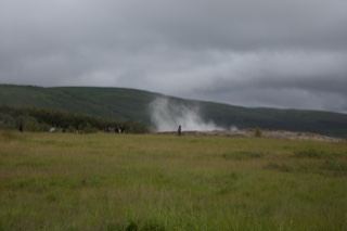 Geyser Steam Over Grassland Under Clouds