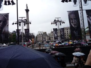 Rainy outdoor event in Trafalgar Square
