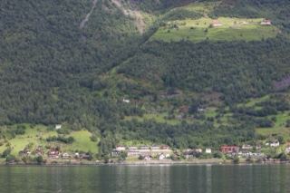 Fjord Village Beneath Forested Mountains